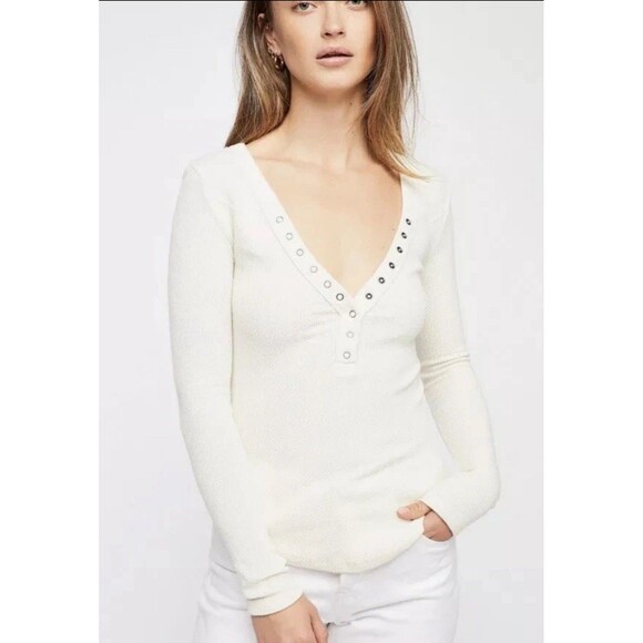 Free People New Frontier‎ Henley Snap Front V Neck MEDIUM Cotton Boho Casual - Picture 1 of 9